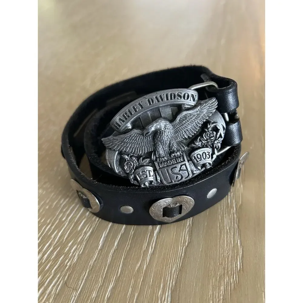 VTG 1989 Harley-Davidson Eagle Roses Belt Buckle Black Leather Sz 26 Heart Studs